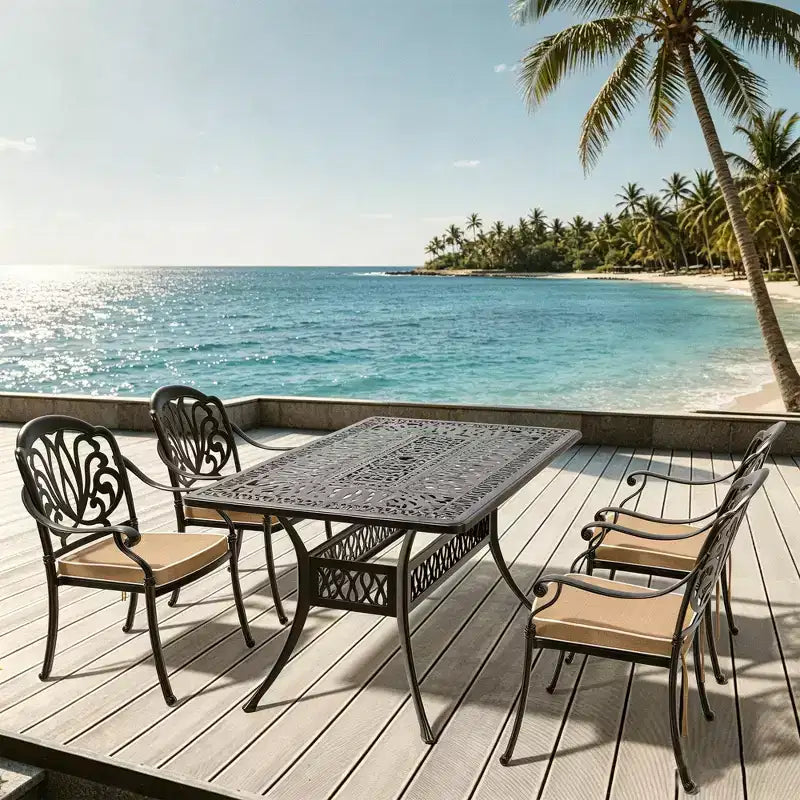 Ensemble de salle à manger rectangulaire 5 pièces en aluminium moulé pour terrasse, jardin, bord de piscine avec coussins