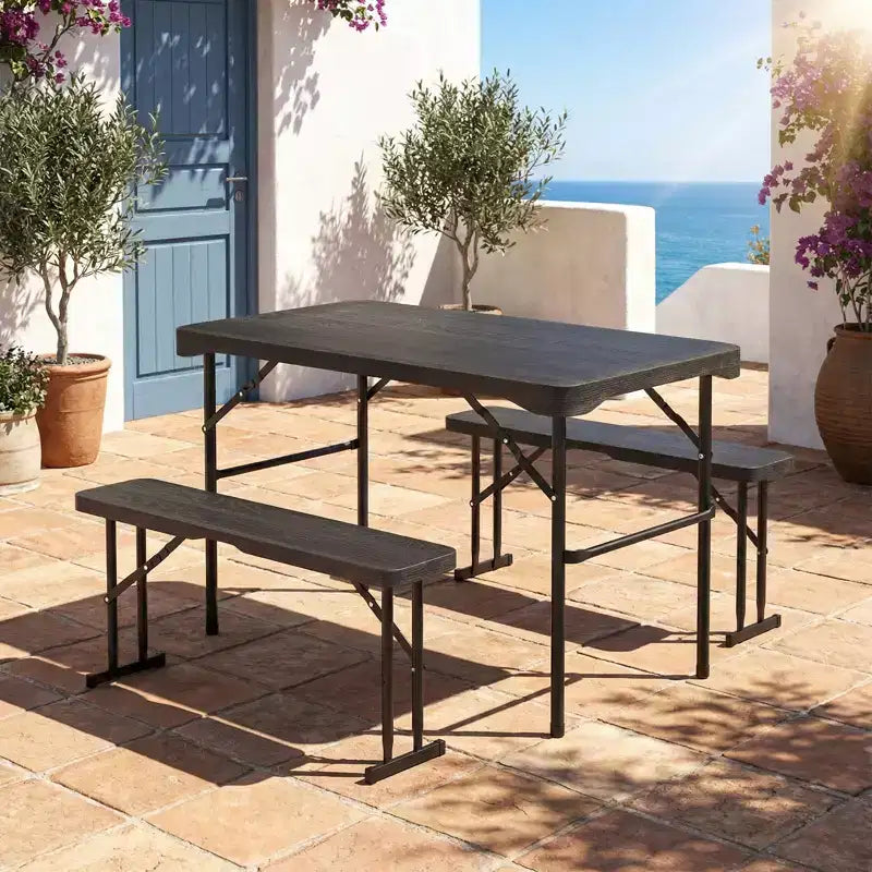 Gymax Folding Patio Picnic Table Set w/ 2 Benches & Metal Frame HDPE Surface for Camping & Backyard
