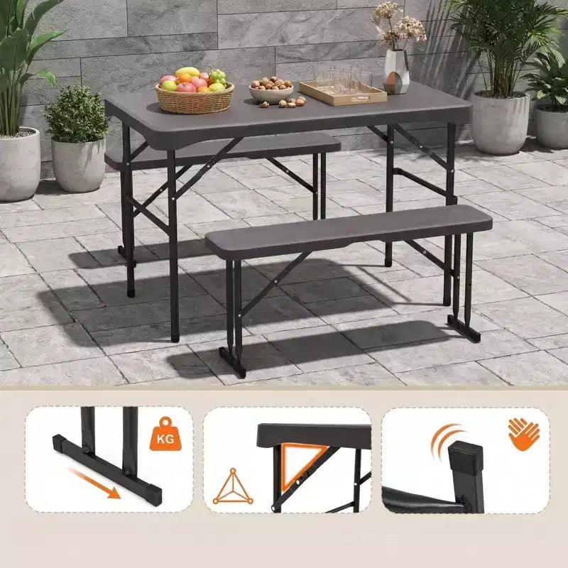 Gymax Folding Patio Picnic Table Set w/ 2 Benches & Metal Frame HDPE Surface for Camping & Backyard