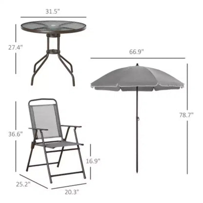 Ensemble de salle à manger de patio 6 pièces pour 4 avec parasol/ensemble extérieur avec 4 chaises de salle à manger pliantes et table ronde en verre pour jardin, arrière-cour et bord de piscine - Gris