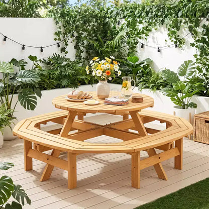 8 Person Wooden Picnic Table, Outdoor Round Camping Dining Table with Built-in Benches & Umbrella Hole, Outside Table Set for Garden Backyard Patio