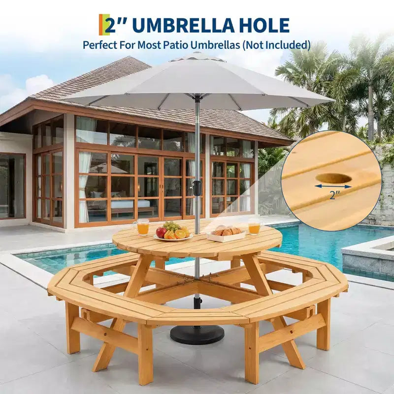 8 Person Wooden Picnic Table, Outdoor Round Camping Dining Table with Built-in Benches & Umbrella Hole, Outside Table Set for Garden Backyard Patio