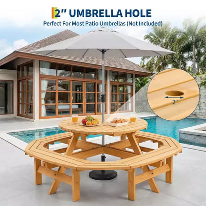 8 Person Wooden Picnic Table, Outdoor Round Camping Dining Table with Built-in Benches & Umbrella Hole, Outside Table Set for Garden Backyard Patio