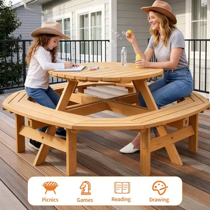 8 Person Wooden Picnic Table, Outdoor Round Camping Dining Table with Built-in Benches & Umbrella Hole, Outside Table Set for Garden Backyard Patio