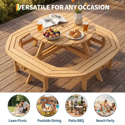 8 Person Wooden Picnic Table, Outdoor Round Camping Dining Table with Built-in Benches & Umbrella Hole, Outside Table Set for Garden Backyard Patio