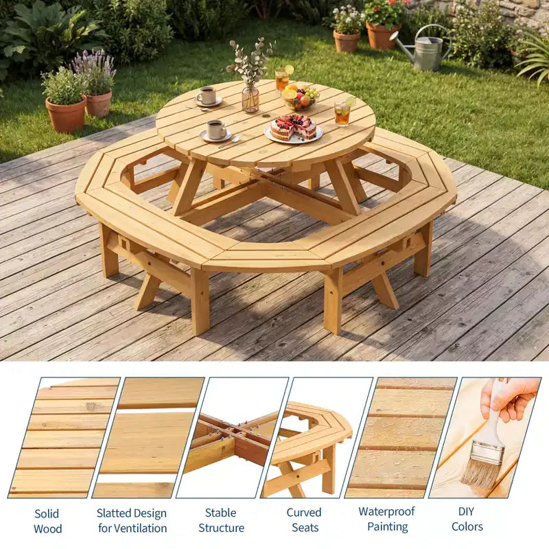 8 Person Wooden Picnic Table, Outdoor Round Camping Dining Table with Built-in Benches & Umbrella Hole, Outside Table Set for Garden Backyard Patio