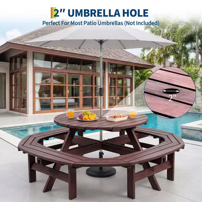 8 Person Wooden Picnic Table, Outdoor Round Camping Dining Table with Built-in Benches & Umbrella Hole, Outside Table Set for Garden Backyard Patio