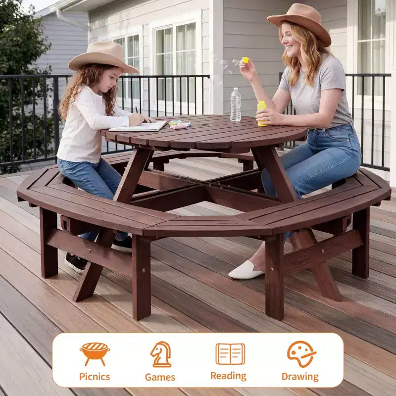 8 Person Wooden Picnic Table, Outdoor Round Camping Dining Table with Built-in Benches & Umbrella Hole, Outside Table Set for Garden Backyard Patio
