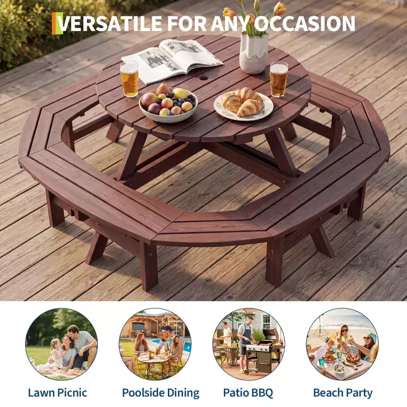 8 Person Wooden Picnic Table, Outdoor Round Camping Dining Table with Built-in Benches & Umbrella Hole, Outside Table Set for Garden Backyard Patio