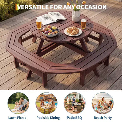8 Person Wooden Picnic Table, Outdoor Round Camping Dining Table with Built-in Benches & Umbrella Hole, Outside Table Set for Garden Backyard Patio
