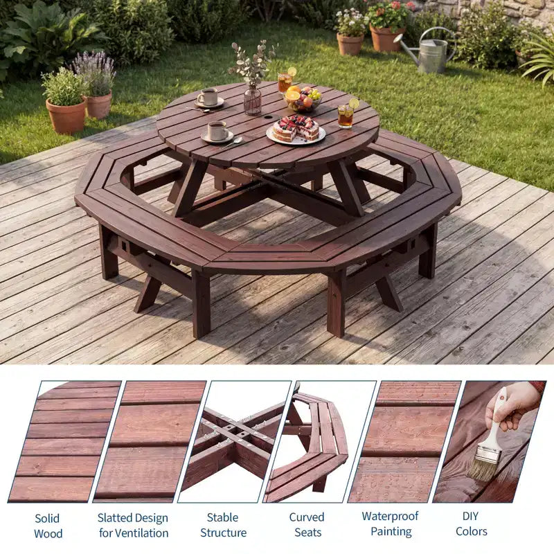 8 Person Wooden Picnic Table, Outdoor Round Camping Dining Table with Built-in Benches & Umbrella Hole, Outside Table Set for Garden Backyard Patio