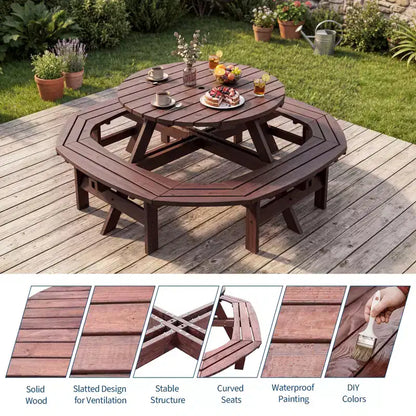 8 Person Wooden Picnic Table, Outdoor Round Camping Dining Table with Built-in Benches & Umbrella Hole, Outside Table Set for Garden Backyard Patio