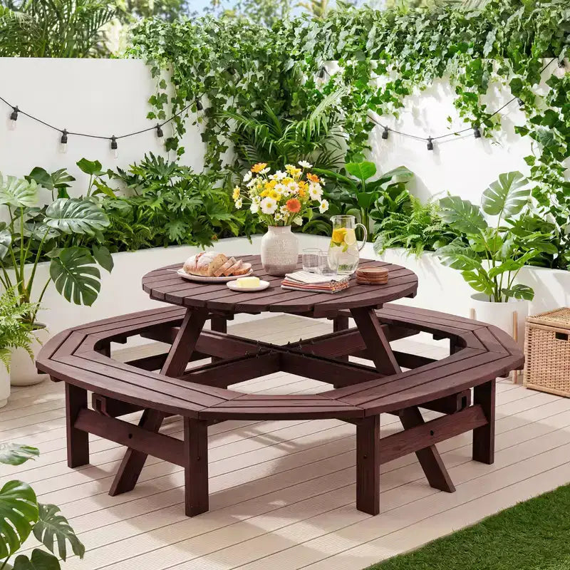 8 Person Wooden Picnic Table, Outdoor Round Camping Dining Table with Built-in Benches & Umbrella Hole, Outside Table Set for Garden Backyard Patio