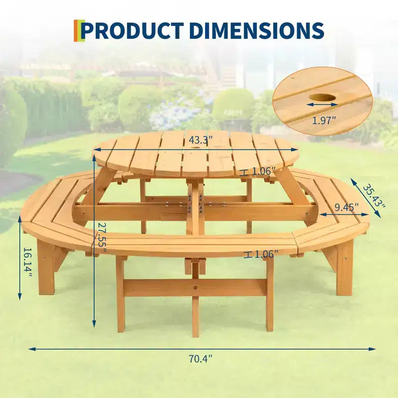 8 Person Wooden Picnic Table, Outdoor Round Camping Dining Table with Built-in Benches & Umbrella Hole, Outside Table Set for Garden Backyard Patio