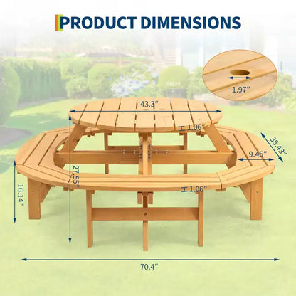8 Person Wooden Picnic Table, Outdoor Round Camping Dining Table with Built-in Benches & Umbrella Hole, Outside Table Set for Garden Backyard Patio