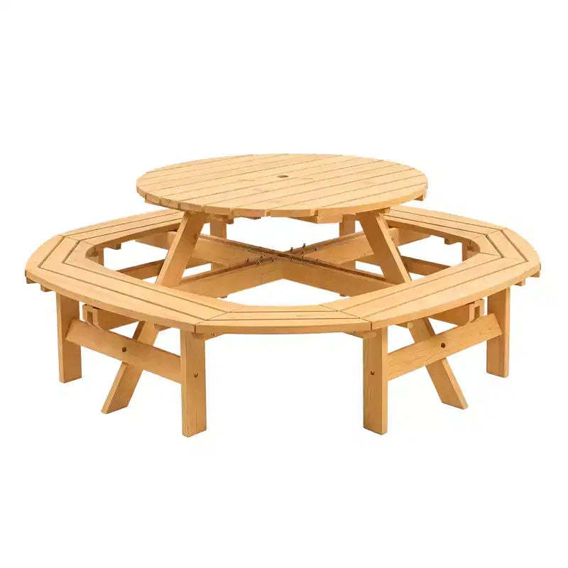 8 Person Wooden Picnic Table, Outdoor Round Camping Dining Table with Built-in Benches & Umbrella Hole, Outside Table Set for Garden Backyard Patio