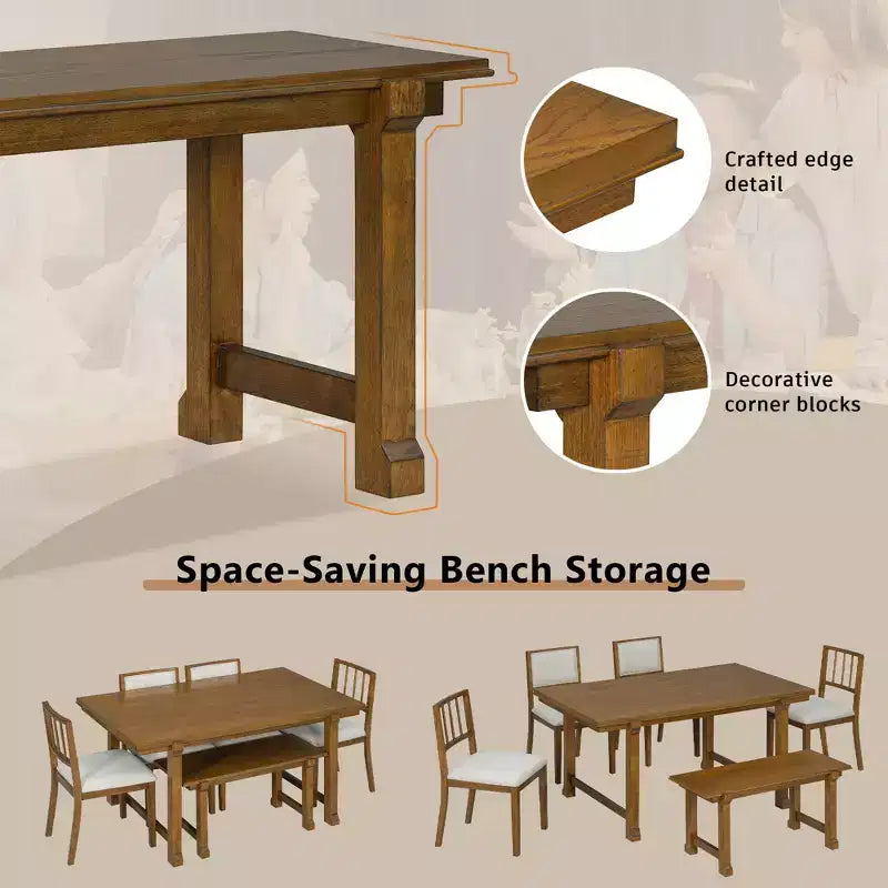 GDFStudio Dickey Space-Saving 6 Piece Farmhouse Dining Set with Solid Wood Frame