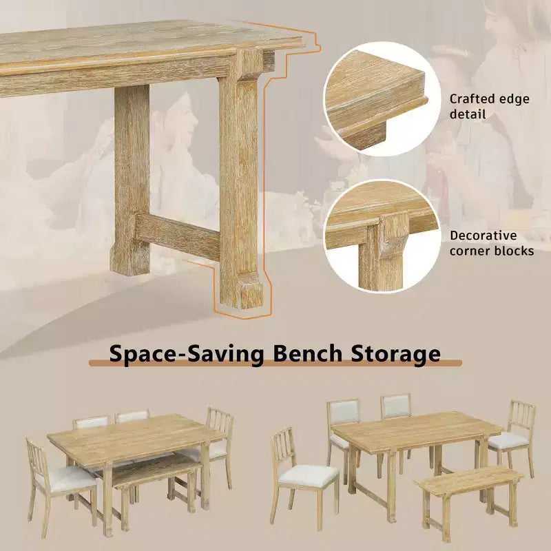 GDFStudio Dickey Space-Saving 6 Piece Farmhouse Dining Set with Solid Wood Frame
