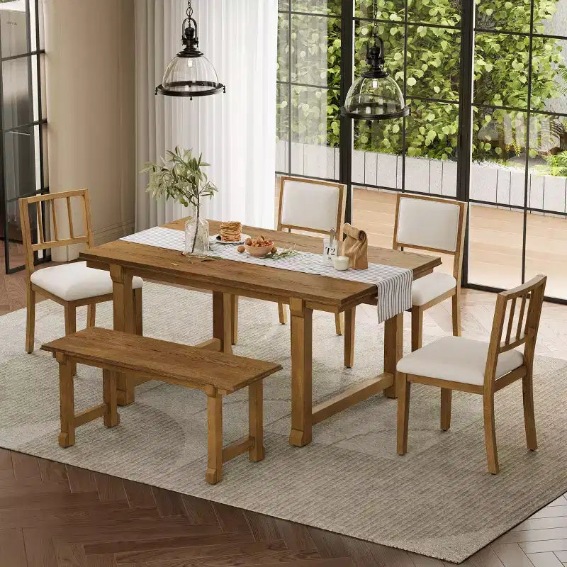 GDFStudio Dickey Space-Saving 6 Piece Farmhouse Dining Set with Solid Wood Frame