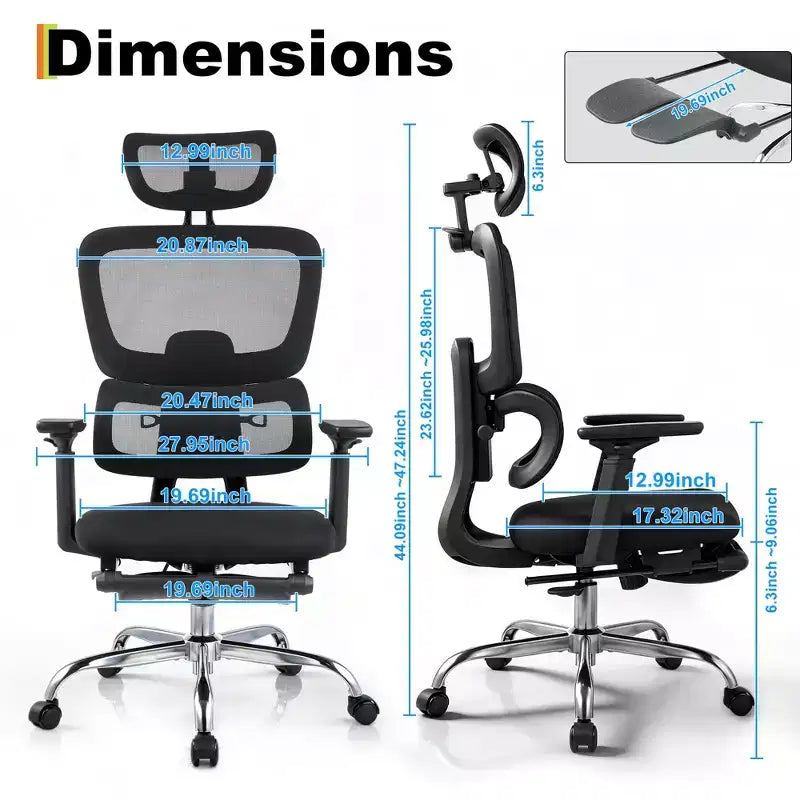 Chaise de bureau et de gaming ergonomique à dossier haut en maille, capacité de 180 kg, avec accoudoirs relevables, appui-tête, support lombaire et repose-pieds réglables, inclinable