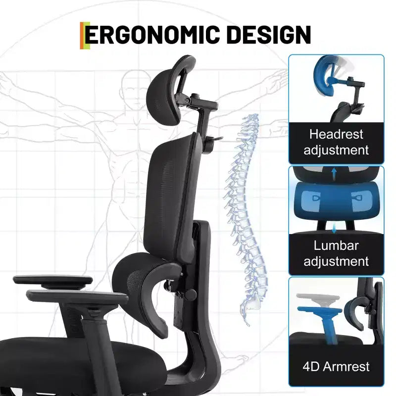 Chaise de bureau et de gaming ergonomique à dossier haut en maille, capacité de 180 kg, avec accoudoirs relevables, appui-tête, support lombaire et repose-pieds réglables, inclinable