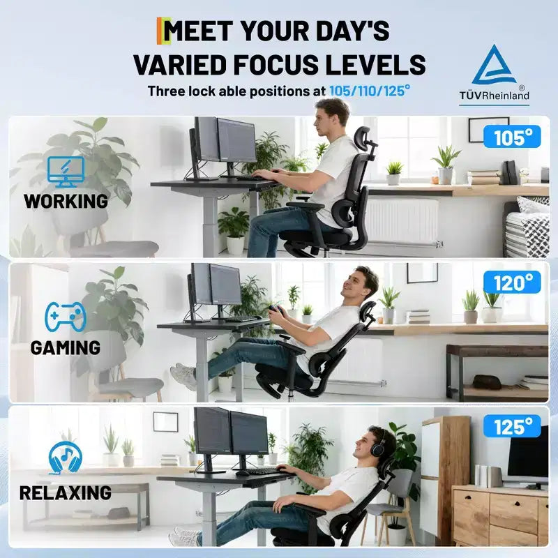 Chaise de bureau et de gaming ergonomique à dossier haut en maille, capacité de 180 kg, avec accoudoirs relevables, appui-tête, support lombaire et repose-pieds réglables, inclinable