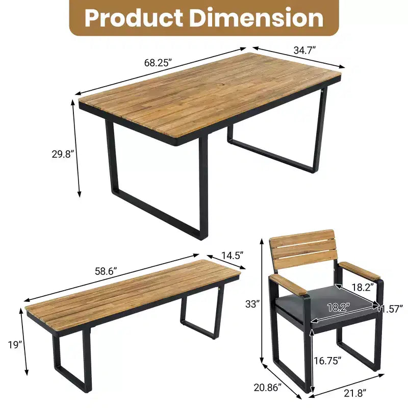 Ensemble de salle à manger GDFStudio Elvira Patio moderne 6 pièces en bois d'acacia avec table, 4 chaises rembourrées et banc