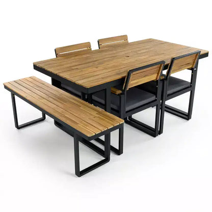 Ensemble de salle à manger GDFStudio Elvira Patio moderne 6 pièces en bois d'acacia avec table, 4 chaises rembourrées et banc