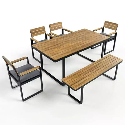 Ensemble de salle à manger GDFStudio Elvira Patio moderne 6 pièces en bois d'acacia avec table, 4 chaises rembourrées et banc