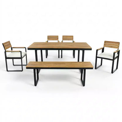 Ensemble de salle à manger GDFStudio Elvira Patio moderne 6 pièces en bois d'acacia avec table, 4 chaises rembourrées et banc