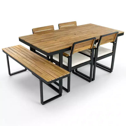 Ensemble de salle à manger GDFStudio Elvira Patio moderne 6 pièces en bois d'acacia avec table, 4 chaises rembourrées et banc