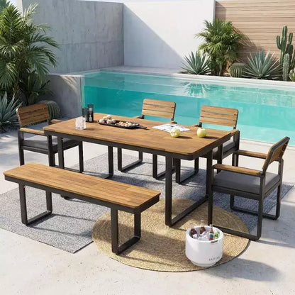 Ensemble de salle à manger GDFStudio Elvira Patio moderne 6 pièces en bois d'acacia avec table, 4 chaises rembourrées et banc