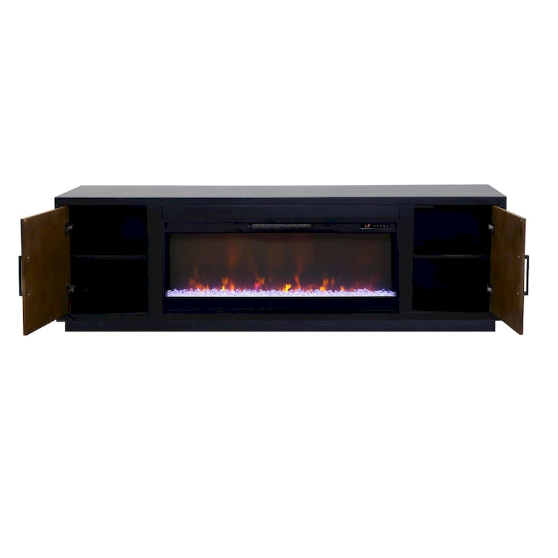 Bridgevine Home Aria 83 inch Fireplace TV Stand for TVs up to 95 inches, Minimal Assembly, Black and Walnut Finish