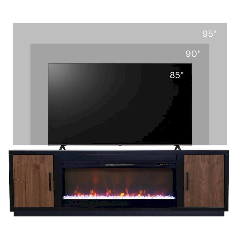 Bridgevine Home Aria 83 inch Fireplace TV Stand for TVs up to 95 inches, Minimal Assembly, Black and Walnut Finish