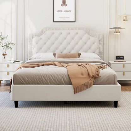 Modern King-Size Upholstered Bed with Pleated and Button-Tufted Headboard, Solid Wood Frame, Metal Base, No Box Spring Needed