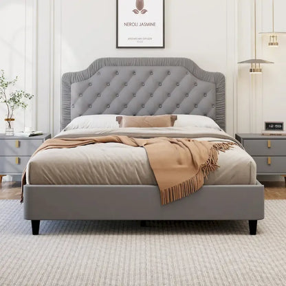 Modern King-Size Upholstered Bed with Pleated and Button-Tufted Headboard, Solid Wood Frame, Metal Base, No Box Spring Needed
