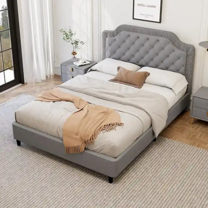 Modern King-Size Upholstered Bed with Pleated and Button-Tufted Headboard, Solid Wood Frame, Metal Base, No Box Spring Needed