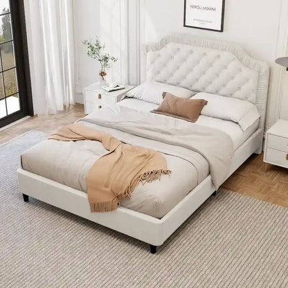 Modern King-Size Upholstered Bed with Pleated and Button-Tufted Headboard, Solid Wood Frame, Metal Base, No Box Spring Needed