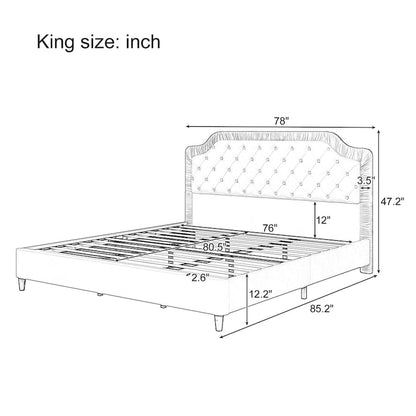 Modern King-Size Upholstered Bed with Pleated and Button-Tufted Headboard, Solid Wood Frame, Metal Base, No Box Spring Needed