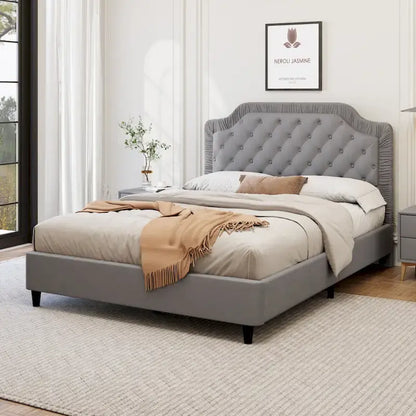 Modern King-Size Upholstered Bed with Pleated and Button-Tufted Headboard, Solid Wood Frame, Metal Base, No Box Spring Needed