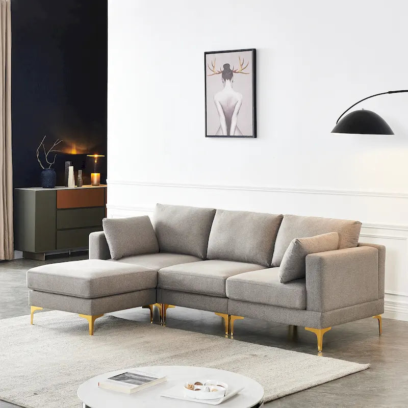 Christopher Knight Home - Beige L-Shape Sectional Sofa with Gold Metal Legs and Ottoman