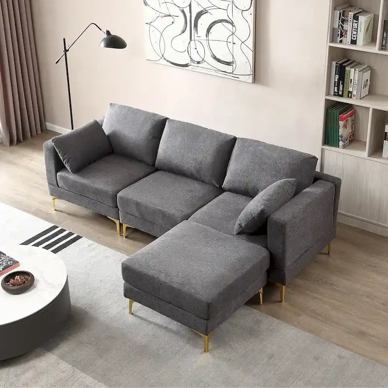 Christopher Knight Home - Beige L-Shape Sectional Sofa with Gold Metal Legs and Ottoman