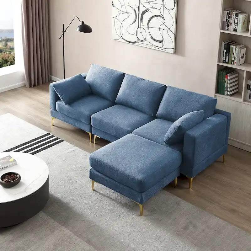 Christopher Knight Home - Beige L-Shape Sectional Sofa with Gold Metal Legs and Ottoman