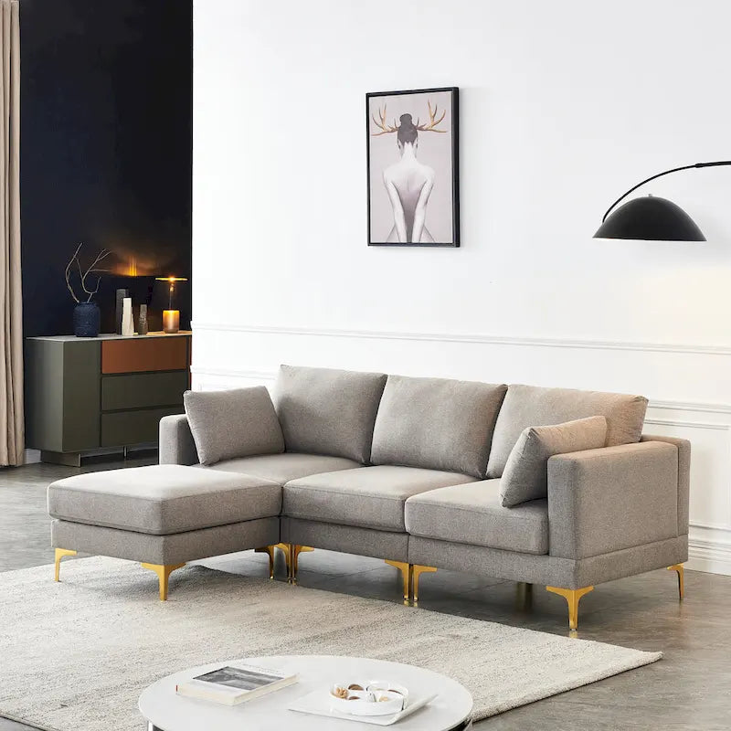 Christopher Knight Home - Beige L-Shape Sectional Sofa with Gold Metal Legs and Ottoman