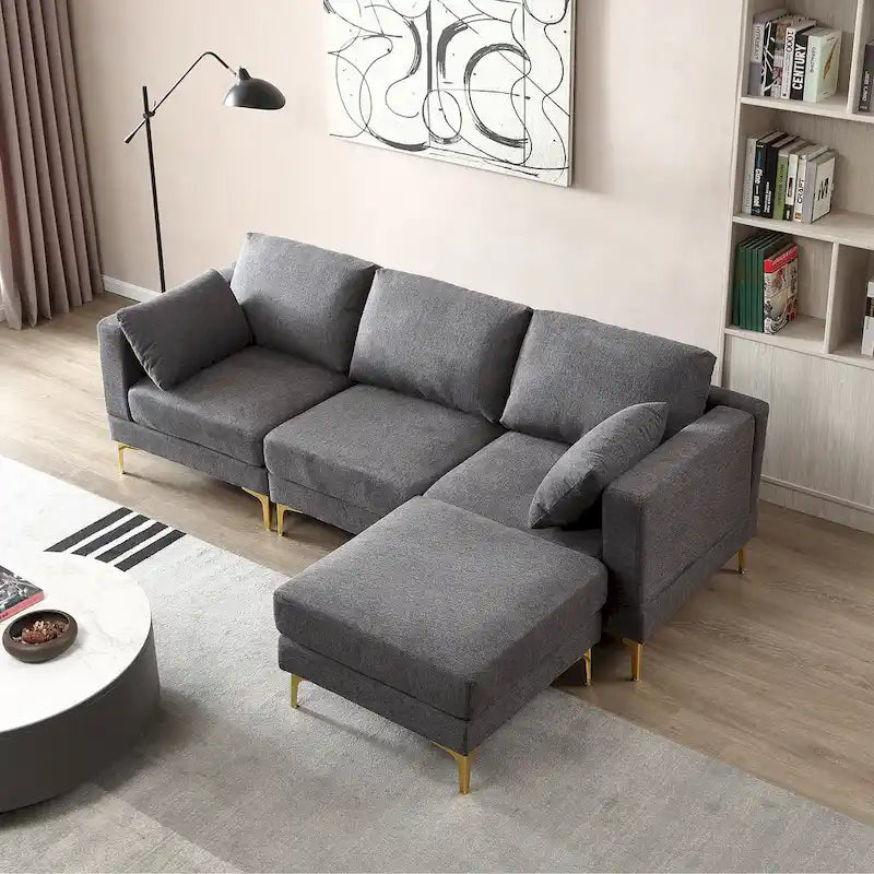 Christopher Knight Home - Beige L-Shape Sectional Sofa with Gold Metal Legs and Ottoman