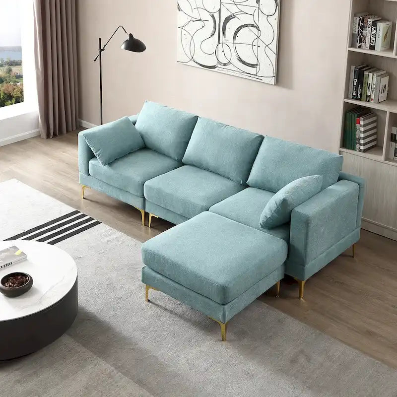 Christopher Knight Home - Beige L-Shape Sectional Sofa with Gold Metal Legs and Ottoman