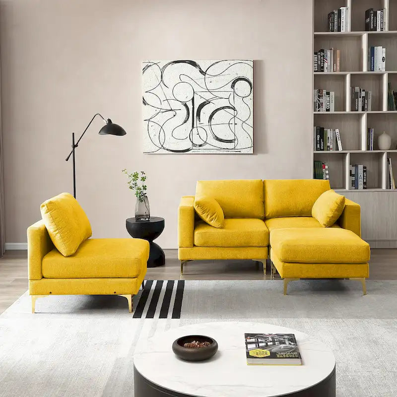 Christopher Knight Home - Beige L-Shape Sectional Sofa with Gold Metal Legs and Ottoman