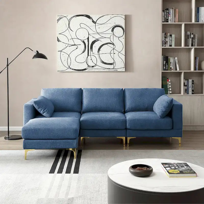 Christopher Knight Home - Beige L-Shape Sectional Sofa with Gold Metal Legs and Ottoman