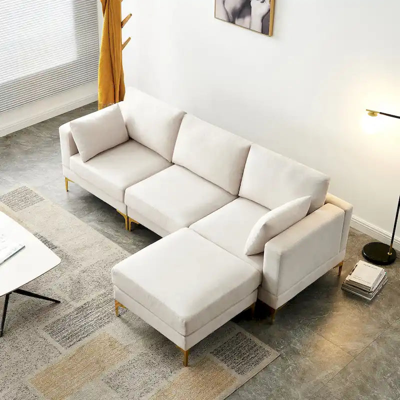 Christopher Knight Home - Beige L-Shape Sectional Sofa with Gold Metal Legs and Ottoman