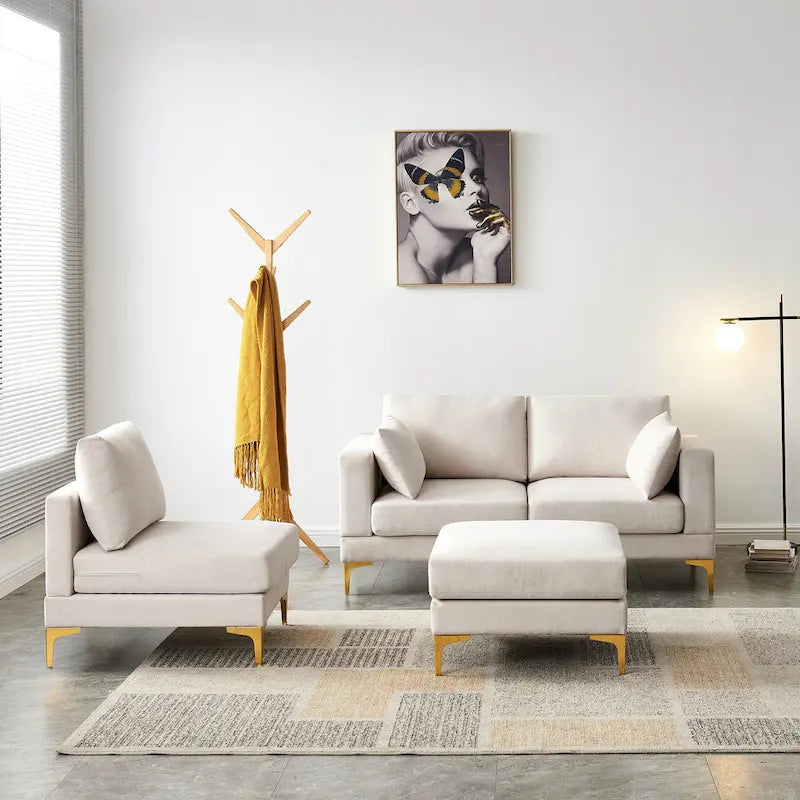 Christopher Knight Home - Beige L-Shape Sectional Sofa with Gold Metal Legs and Ottoman